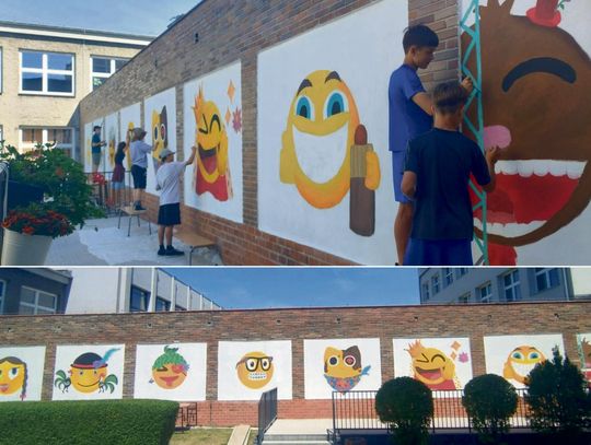 Kolorowe murale z emotikonami stworzone przez uczniów PSP nr 3 w Zdzieszowicach na ścianach szkoły