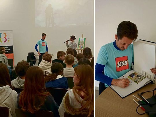 Daniel Kocuj opowiada uczniom o swojej rowerowej wyprawie podczas spotkania w bibliotece