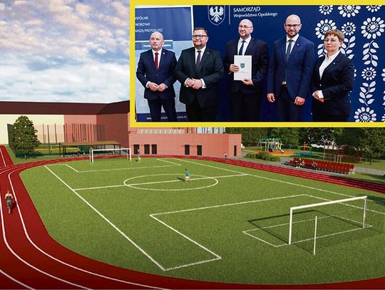Wizualizacja nowego kompleksu sportowego w Walcach z boiskiem, bieżnią i placem zabaw
