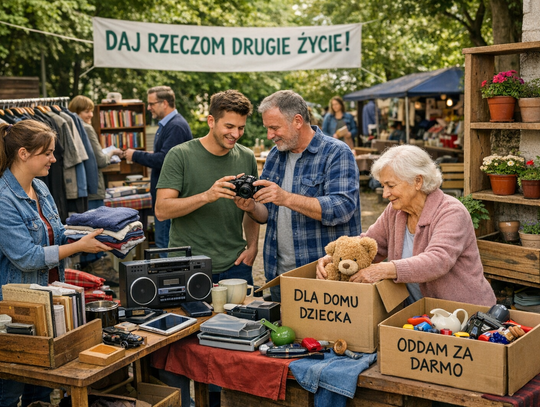 Stare ubrania, książki i sprzęty posegregowane podczas wiosennych porządków, przygotowane do oddania lub recyklingu