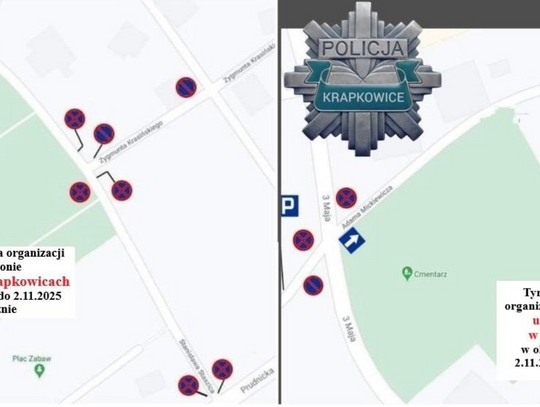 mapa zmian organizacji ruchu w Krapkowicach wszystkich świętych 1 listopada 2025