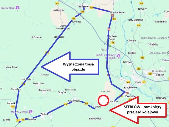 Na zdjęciu mapa obajzdu Zamknięty przejazd kolejowy w Steblowie – objazd przez Prószków i Moszną, korki i utrudnienia w ruchu