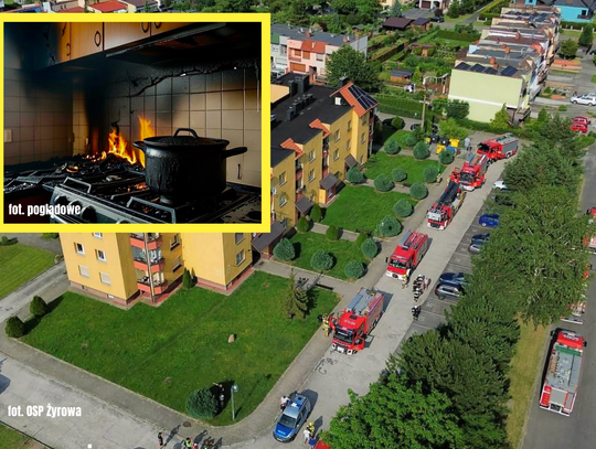 Strażacy i policjanci przed blokiem w Zdzieszowicach po zgłoszeniu zadymienia mieszkania