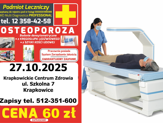 Zbadaj swoje kości w Krapkowicach! Osteobus przyjedzie 27 października – badanie osteoporozy za 60 zł