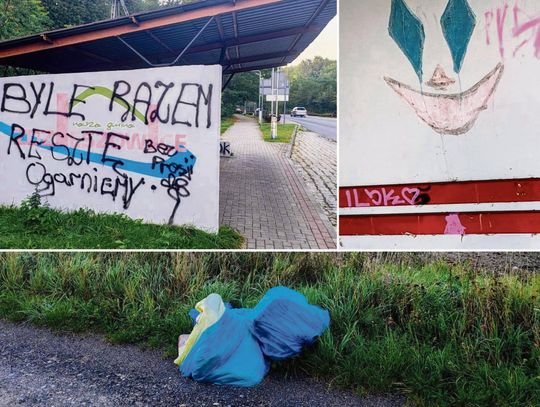 Pobazgrana wiata przystankowa w gminie Zdzieszowice po akcie dewastacji