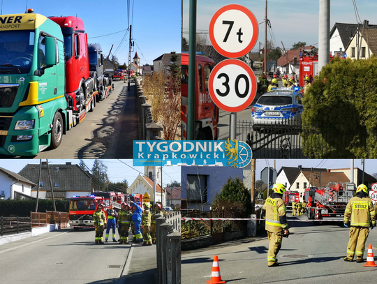 Ciężarówka na ulicy Kopernika w Malni po zahaczeniu o przewody i przechyleniu słupa telekomunikacyjnego