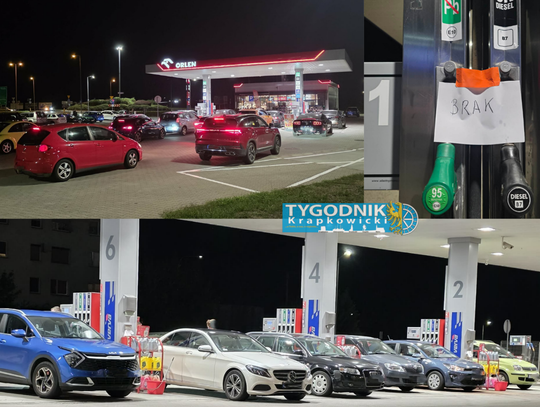 Kolejka samochodów przy dystrybutorach na stacji paliw w Krapkowicach przed podwyżką cen od 1 września