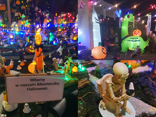 na zdjęciu Makieta „Miasteczko Halloween” w barze Kwiat Lotosu w Górażdżach z duchami i dyniami