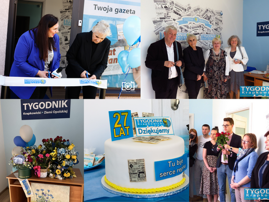 Symboliczne przecięcie wstęgi podczas otwarcia nowej siedziby redakcji Tygodnika Krapkowickiego i Tygodnika Ziemi Opolskiej Joanna Dominika Bassek przy ul. Opolskiej 50