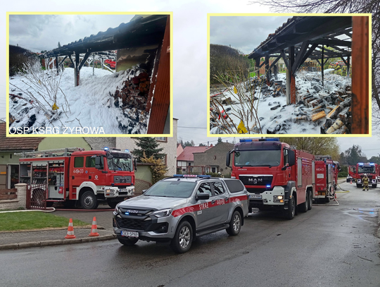 Strażacy gaszą pożar wiaty ze składowanym drewnem przy ulicy Miarki w Zdzieszowicach