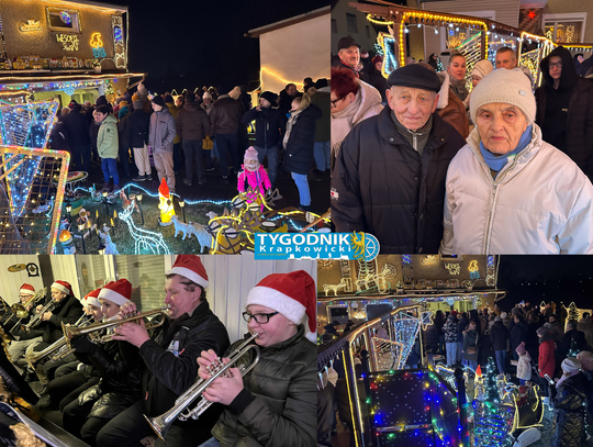 Na zdjęciu Koncert kolęd Oder Blass Band w garażu państwa Jaschików w Otmęcie przy ulicy Chrobrego 77 – tłum ludzi na podwórku i świąteczna iluminacja