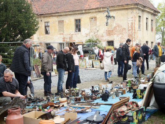 Stoiska z antykami i starociami ustawione na dziedzińcu Pałacu Rozkochów podczas giełdy staroci