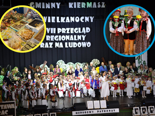 Dzieci w ludowych strojach tańczą na scenie podczas przeglądu „Raz na ludowo” w Zdzieszowicach.