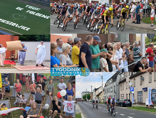 Peleton Tour de Pologne przejeżdża przez miejscowość w powiecie krapkowickim, a mieszkańcy kibicują kolarzom przy trasie.