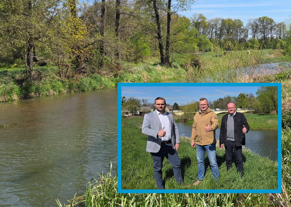 Rzeka Osobłoga w regionie Strzeleczek i Głogówka z prowadzonymi pracami umacniającymi brzegi po powodzi