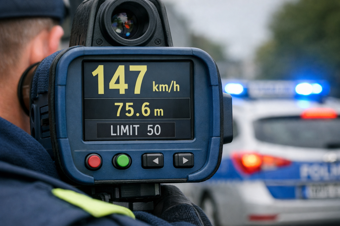 Policyjny miernik prędkości podczas kontroli drogowej w powiecie krapkowickim