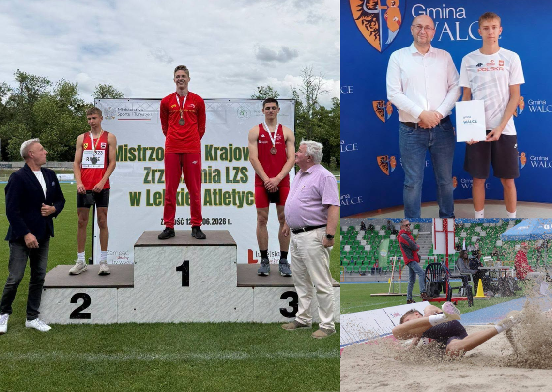 Łukasz Rinke, lekkoatleta z gminy Walce, podczas zawodów w trójskoku