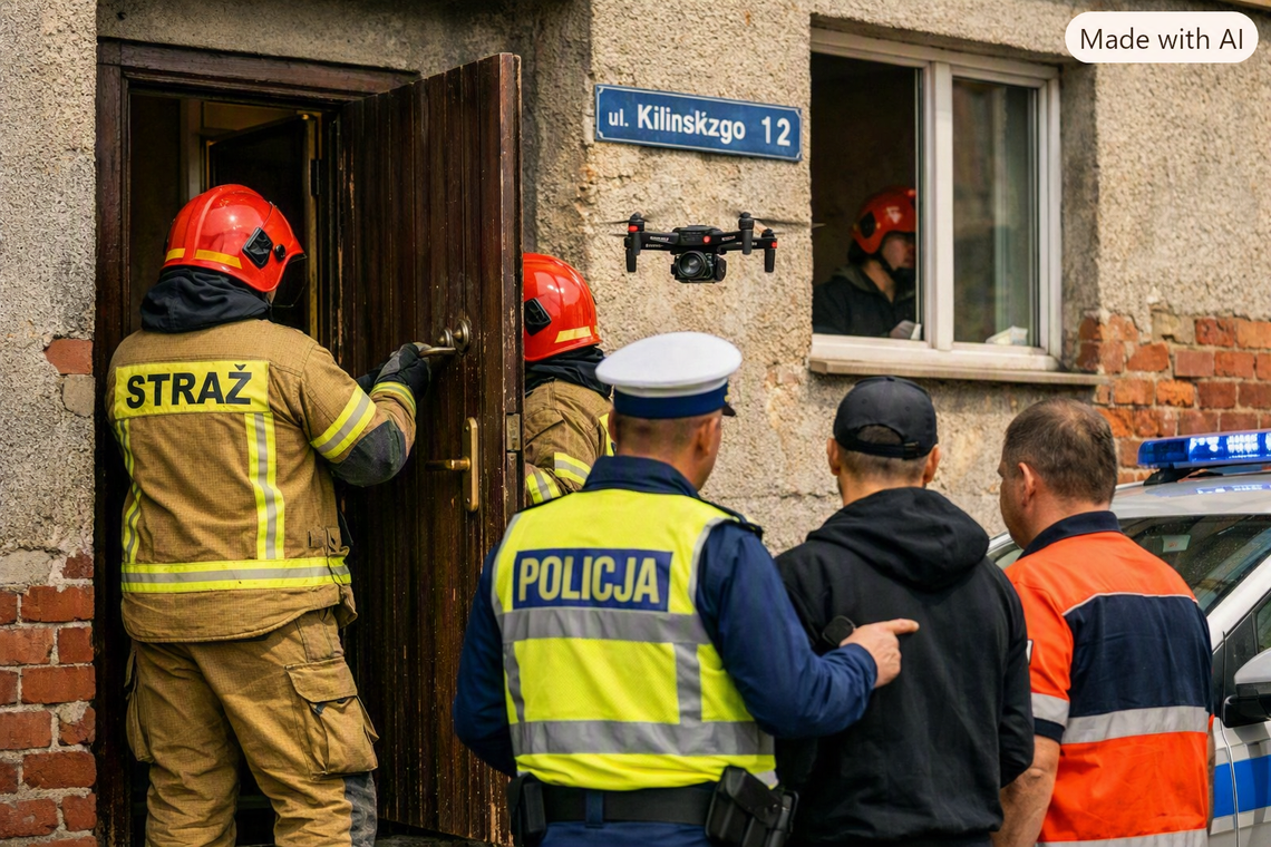 81-latek nie otwierał drzwi. Strażacy użyli drona, a potem siłowo weszli do mieszkania Strażacy i służby ratunkowe podczas interwencji przy ulicy Kilińskiego w Krapkowicach, gdzie otwarto mieszkanie 81-letniego mężczyzny.