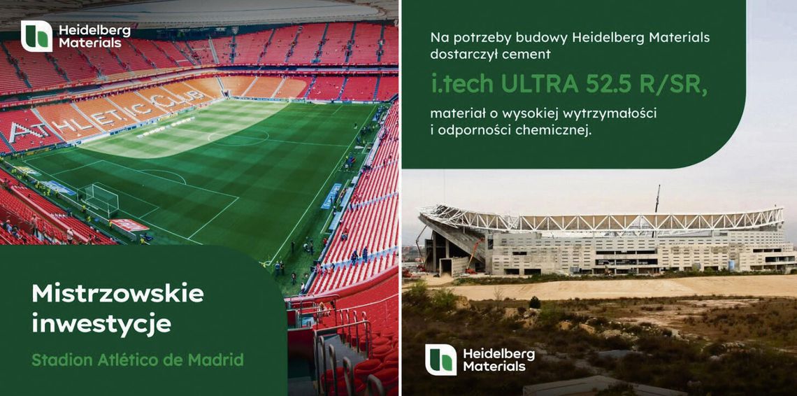 Atlético Madryt przebudowało stadion z użyciem cementu Heidelberg Materials Stadion Atlético Madryt po modernizacji — nowe trybuny i wzmocniona konstrukcja wykonana z cementu i.tech ULTRA 52.5 R/SR.