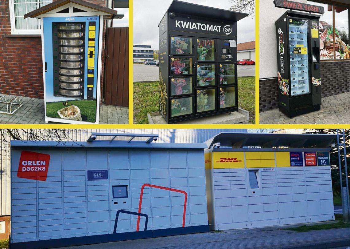 Rząd automatów paczkowych różnych firm ustawionych przy ulicy w Krapkowicach