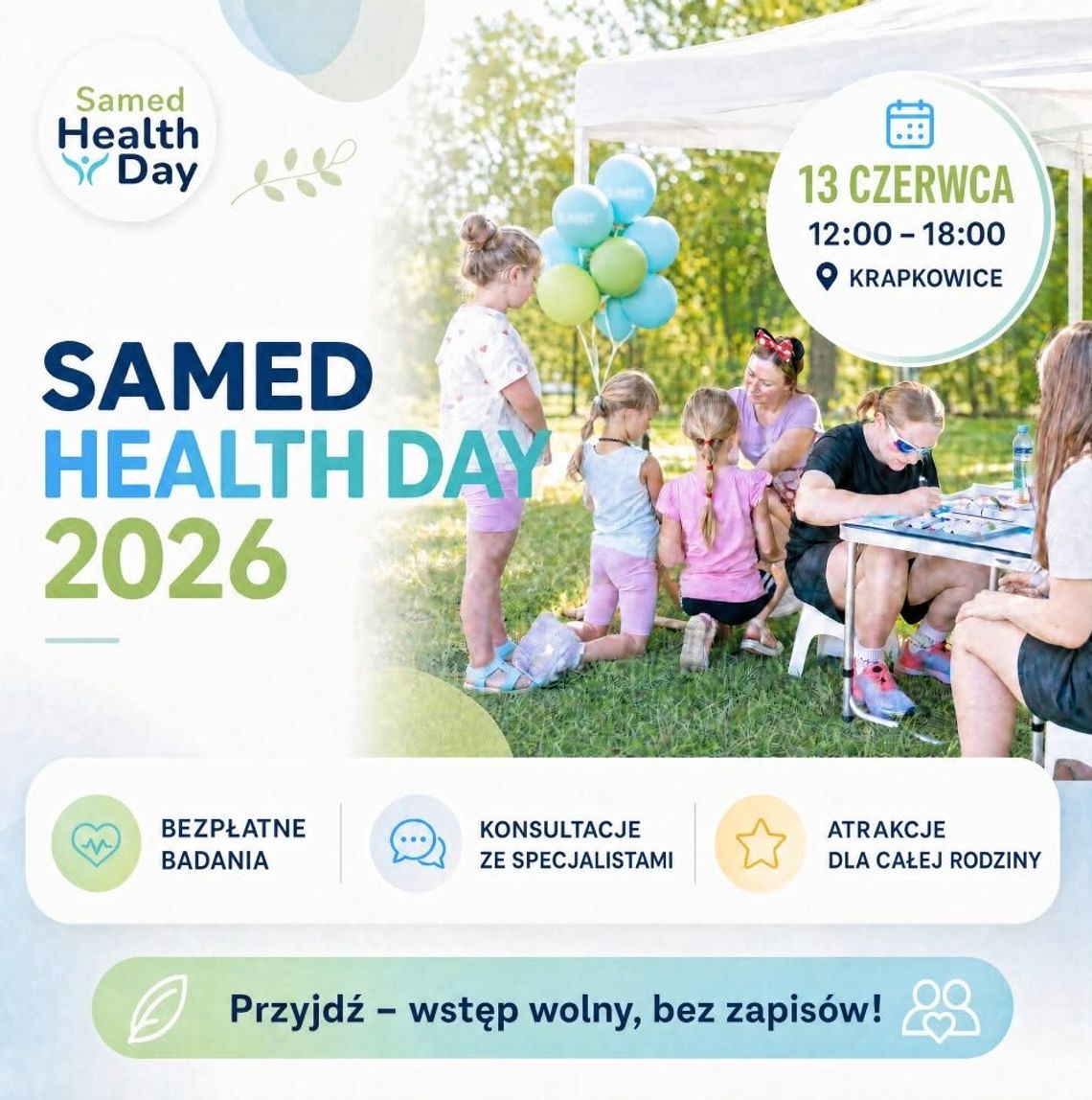 Plakat wydarzenia Samed Health Day 2026 w Krapkowicach informujący o bezpłatnych badaniach profilaktycznych, konsultacjach lekarskich i zajęciach sportowych dla mieszkańców.