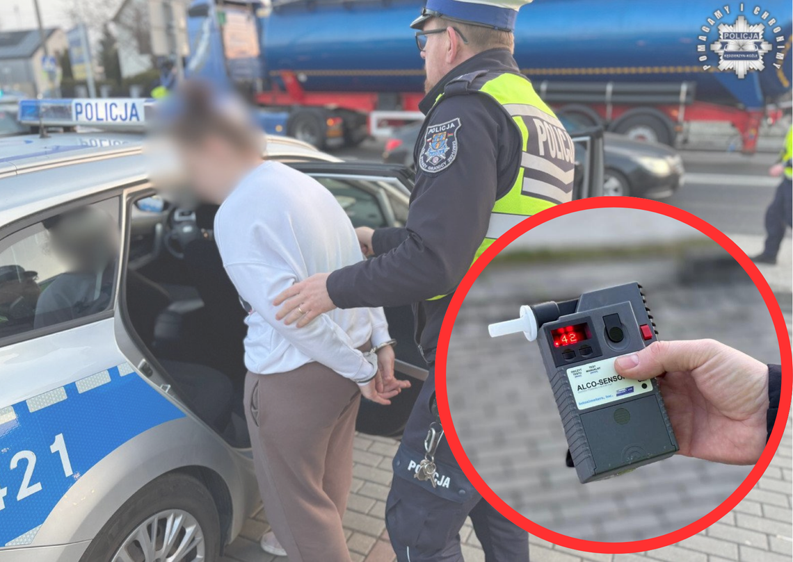 Policjant podczas akcji „Trzeźwy poranek” sprawdza trzeźwość kierowców na drodze w Większycach