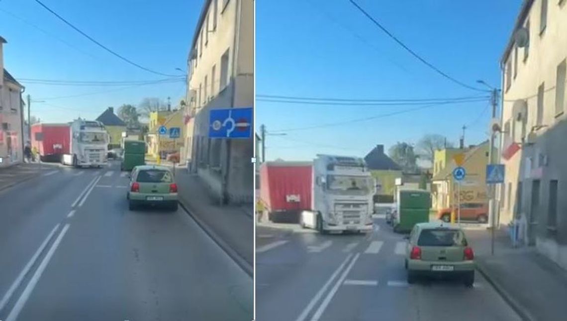 na zdjęciu Ciężarówka bez naczepy blokująca rondo w Krapkowicach w dzielnicy Otmęt, widoczne korki i utrudnienia w ruchu