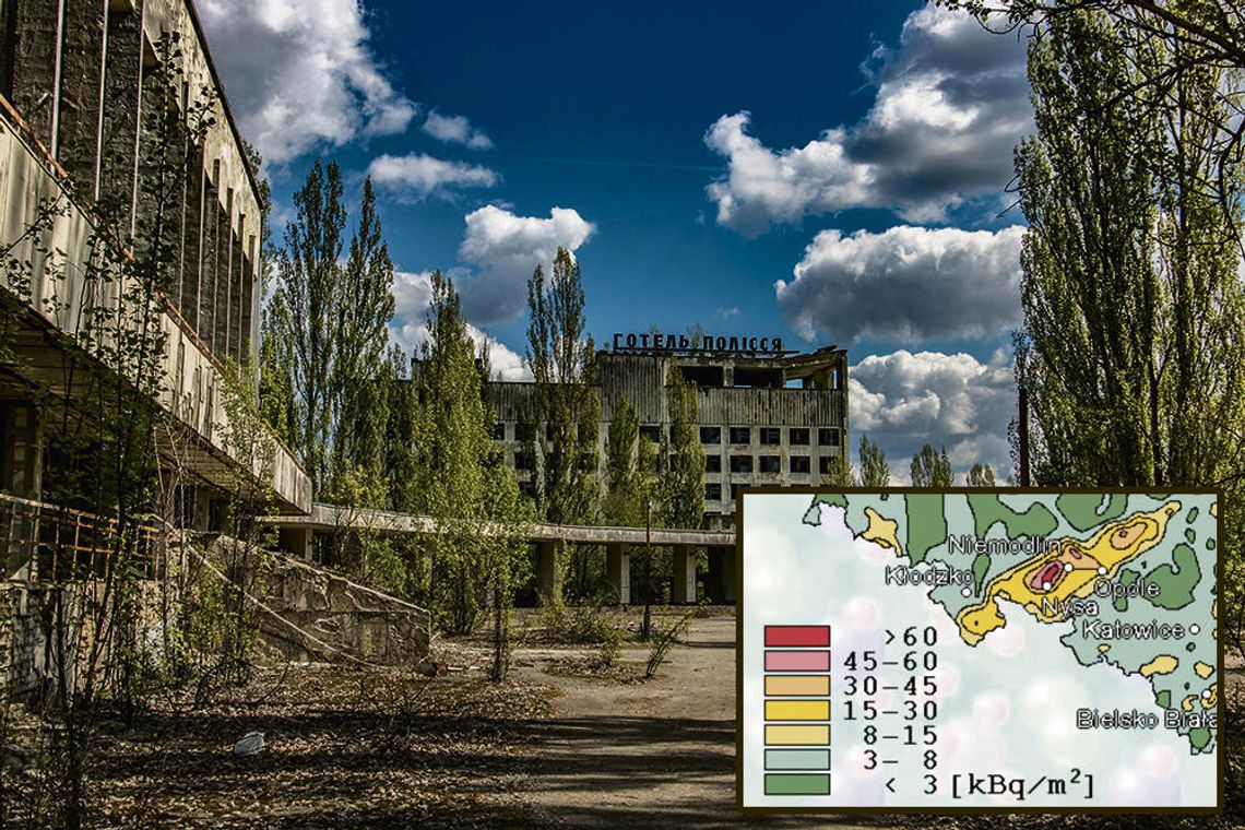 Mapa Opolszczyzny z zaznaczonymi obszarami największego skażenia po katastrofie w Czarnobylu