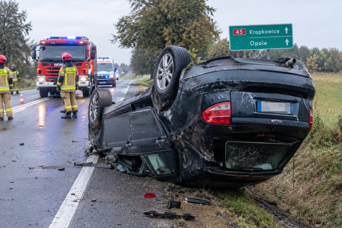 Dachowanie na DK45 pod Żywocicami. Kierowca chciał uniknąć zderzenia ze zwierzyną Samochód osobowy po dachowaniu na drodze krajowej nr 45 w okolicach Żywocic.