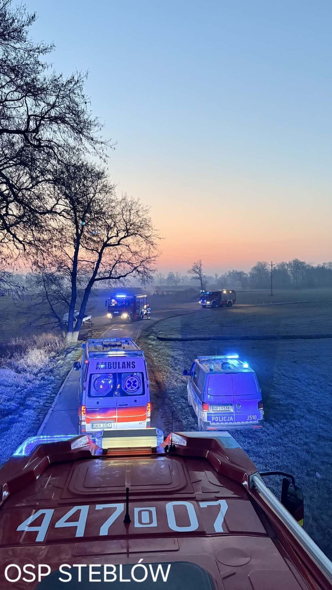 Samochód dostawczy po dachowaniu na drodze Steblów – Pietna, na miejscu straż pożarna i policja.