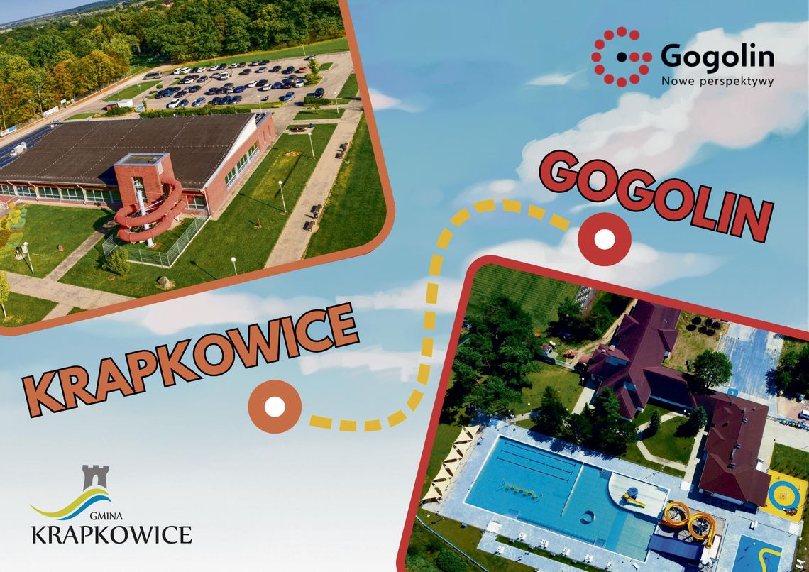 Autobus obsługujący wakacyjną linię między Krapkowicami a Gogolinem na tle lokalnych obiektów rekreacyjnych.