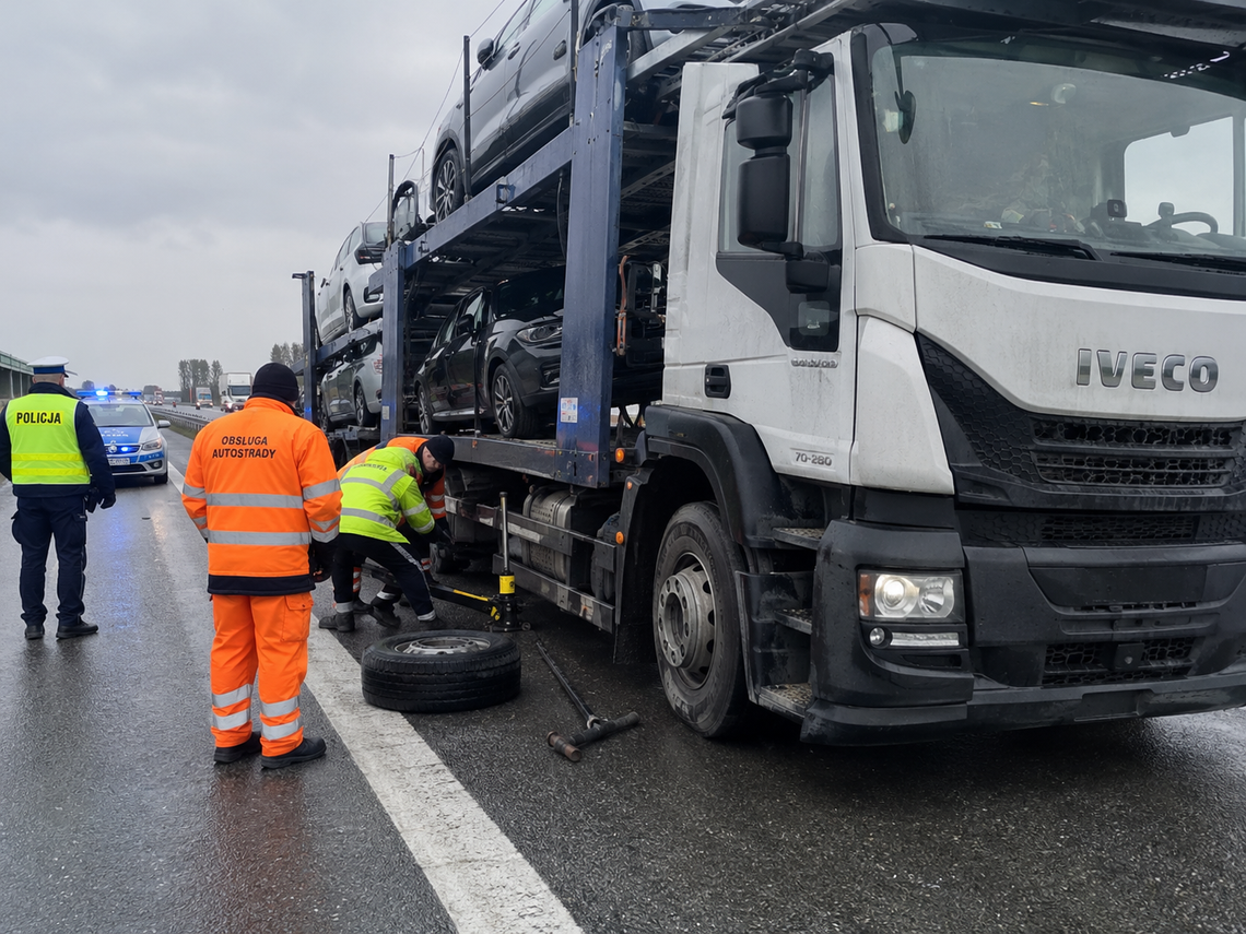 Dramat na A4. Kierowca lawety został przygnieciony przez własny pojazd Laweta z samochodami na autostradzie A4 – groźne zdarzenie podczas wymiany uszkodzonego koła