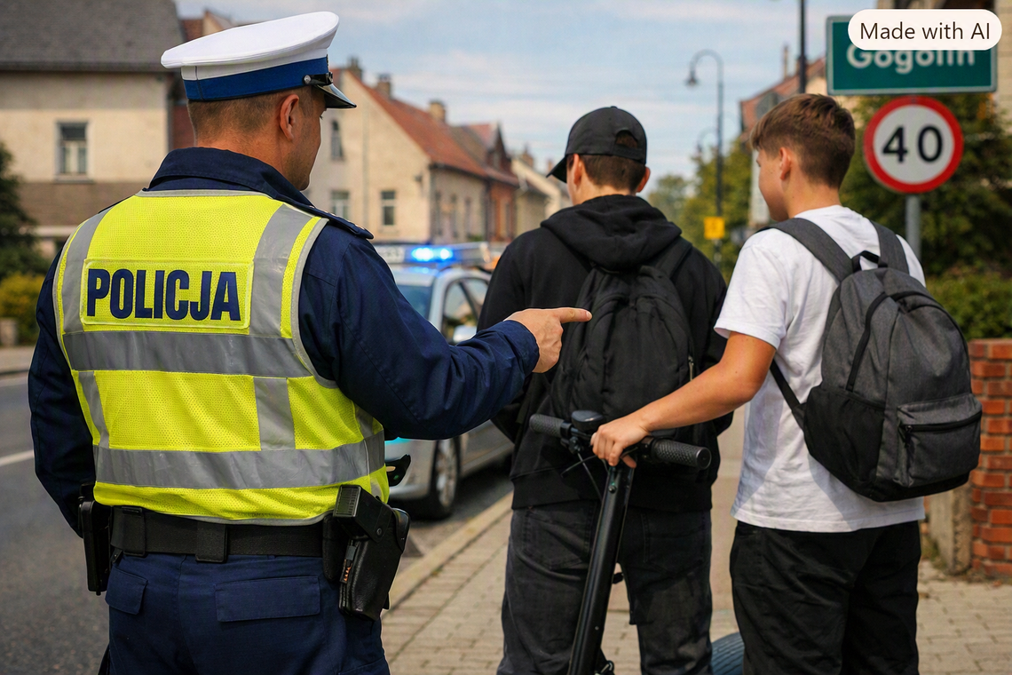 Policjanci w Gogolinie kontrolują dwóch nastolatków jadących na jednej hulajnodze elektrycznej bez kasków podczas interwencji dotyczącej bezpieczeństwa w ruchu drogowym.
