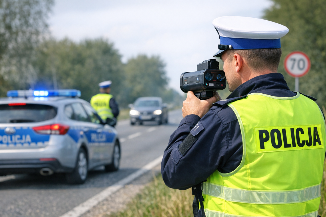 Policyjny patrol mierzący prędkość na drodze w powiecie krapkowickim