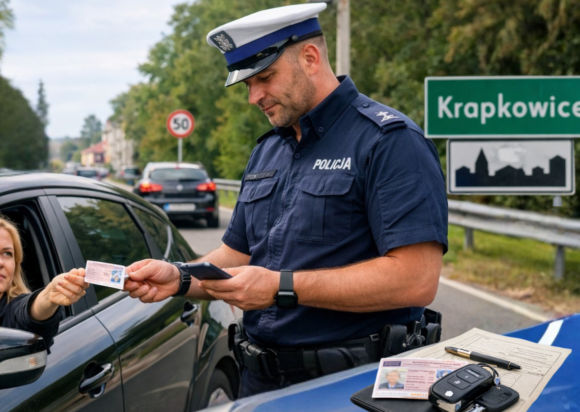 Policyjny radiowóz podczas kontroli prędkości na drodze w powiecie krapkowickim po zatrzymaniu kierowcy za nadmierną prędkość.