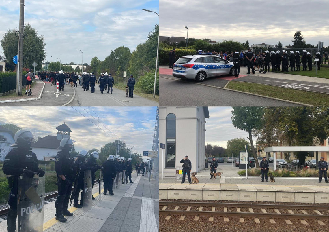 Policjanci zabezpieczają mecz MKS Gogolin z TS Chemik Kędzierzyn-Koźle na stadionie przy ul. Kasztanowej