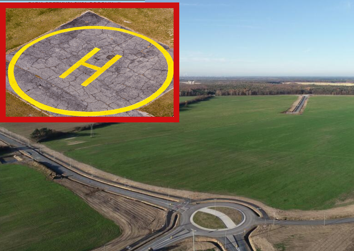 Helikopter biznesowy nad terenem nowej strefy przemysłowej w Gogolinie – wizualizacja planowanego lądowiska dla inwestorów