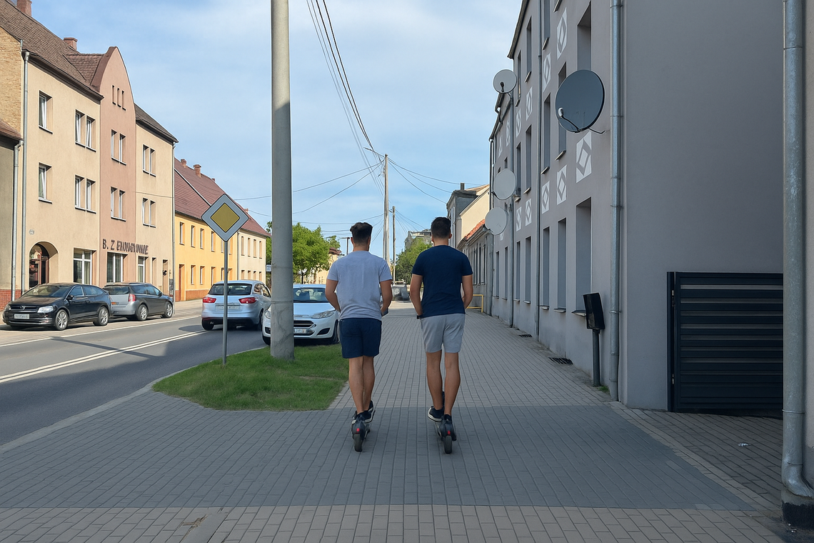 Użytkownik hulajnogi elektrycznej jedzie z dużą prędkością po chodniku w centrum