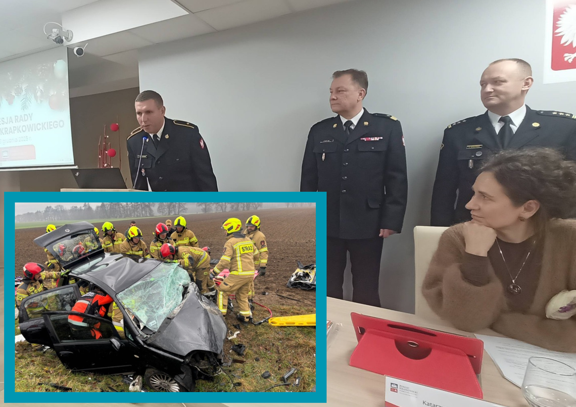 Aspirant Adam Boguszewski z PSP Krapkowice wyróżniony podczas sesji Rady Powiatu za ratowanie życia po wypadku drogowym