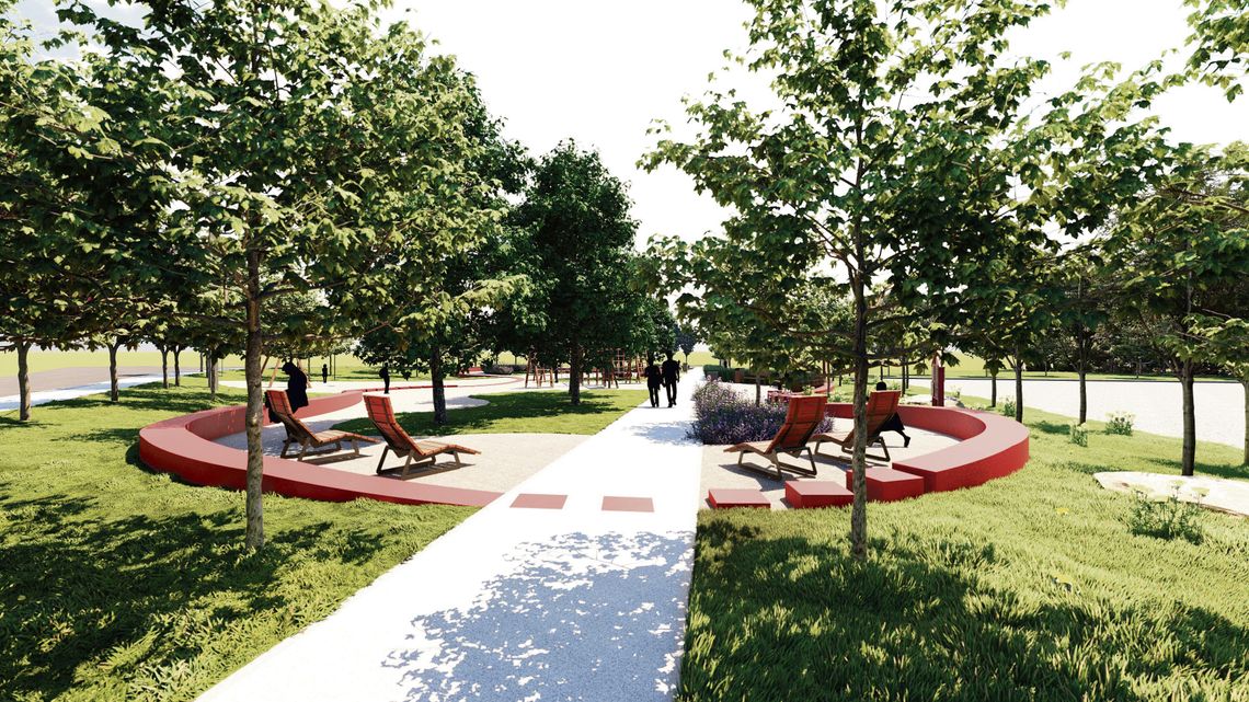 Planowany park kieszonkowy na skwerze przy ul. Nowej w Gogolinie, z łąką kwietną, ogrodem deszczowym i strefą wypoczynku.