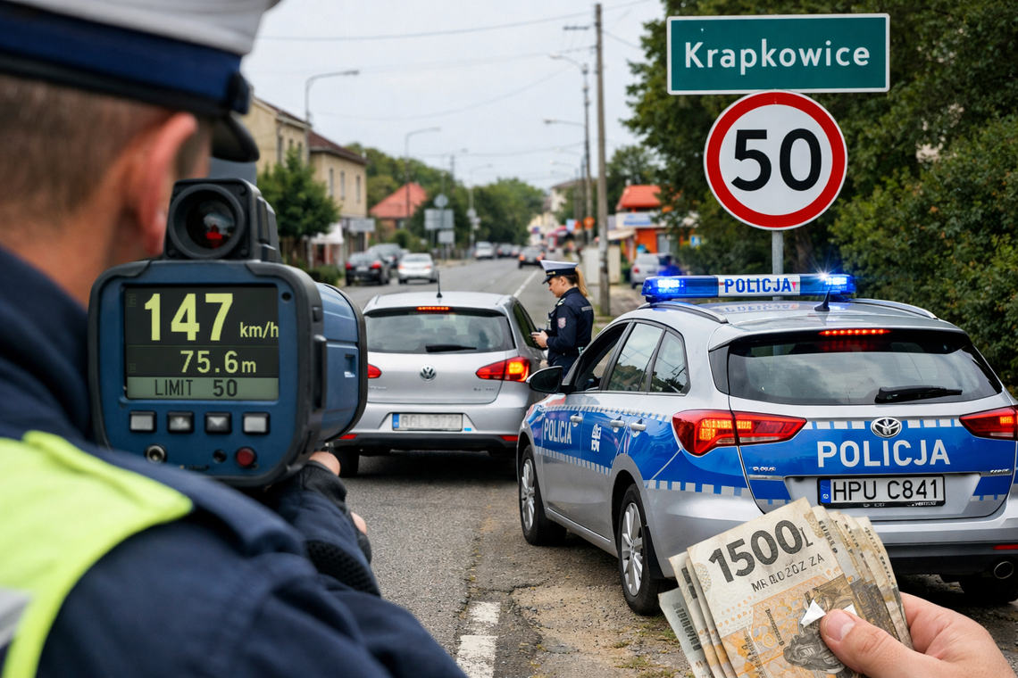 Policyjny pomiar prędkości na drodze w Krapkowicach