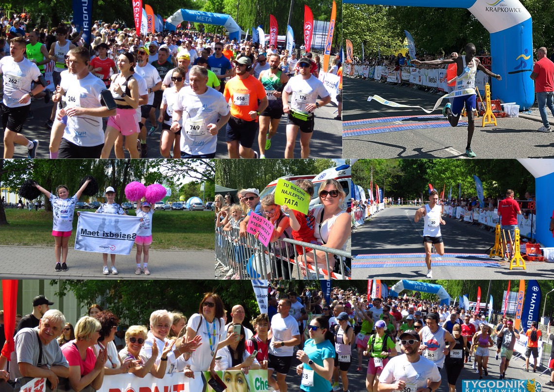 Zawodnicy biegną ulicami Krapkowic podczas Krapkowickiego Biegu Ulicznego z kibicami dopingującymi na trasie.