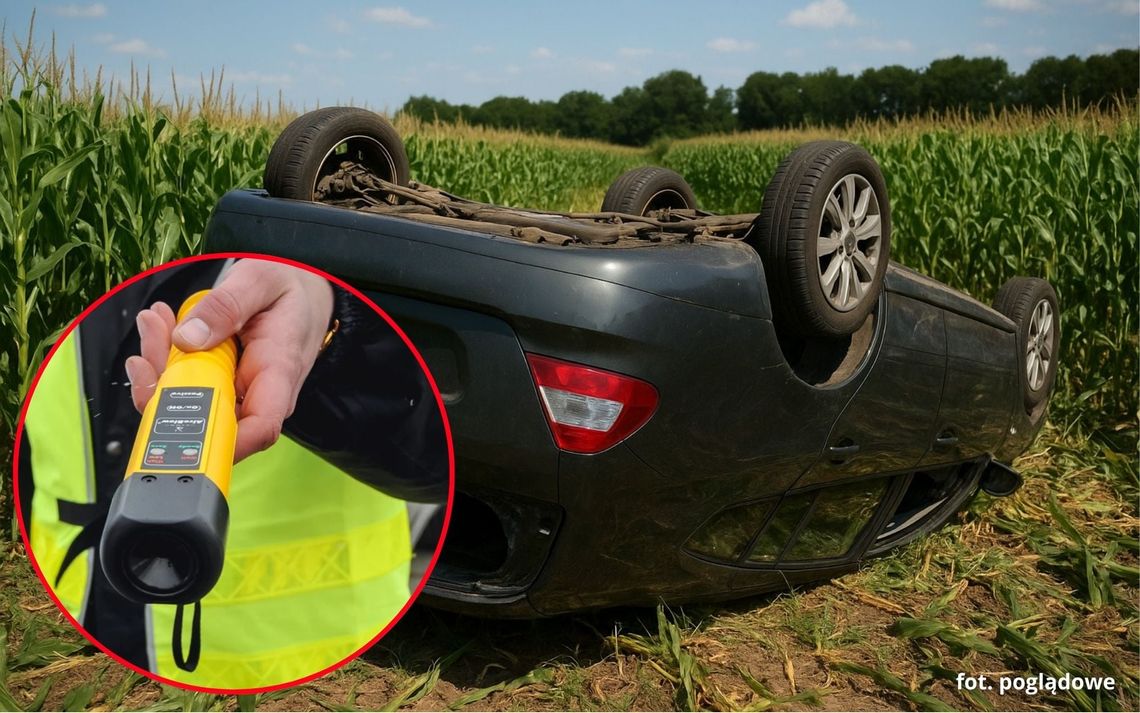 Rozbity opel corsa po dachowaniu w polu kukurydzy na trasie Krępna–Rozwadza, akcja służb ratunkowych na miejscu zdarzenia