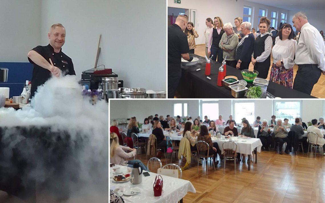 Medalista olimpiad kulinarnych Łukasz Szewczyk prowadzi pokaz kuchni molekularnej dla pań z Rozwadzy z okazji Dnia Kobiet.