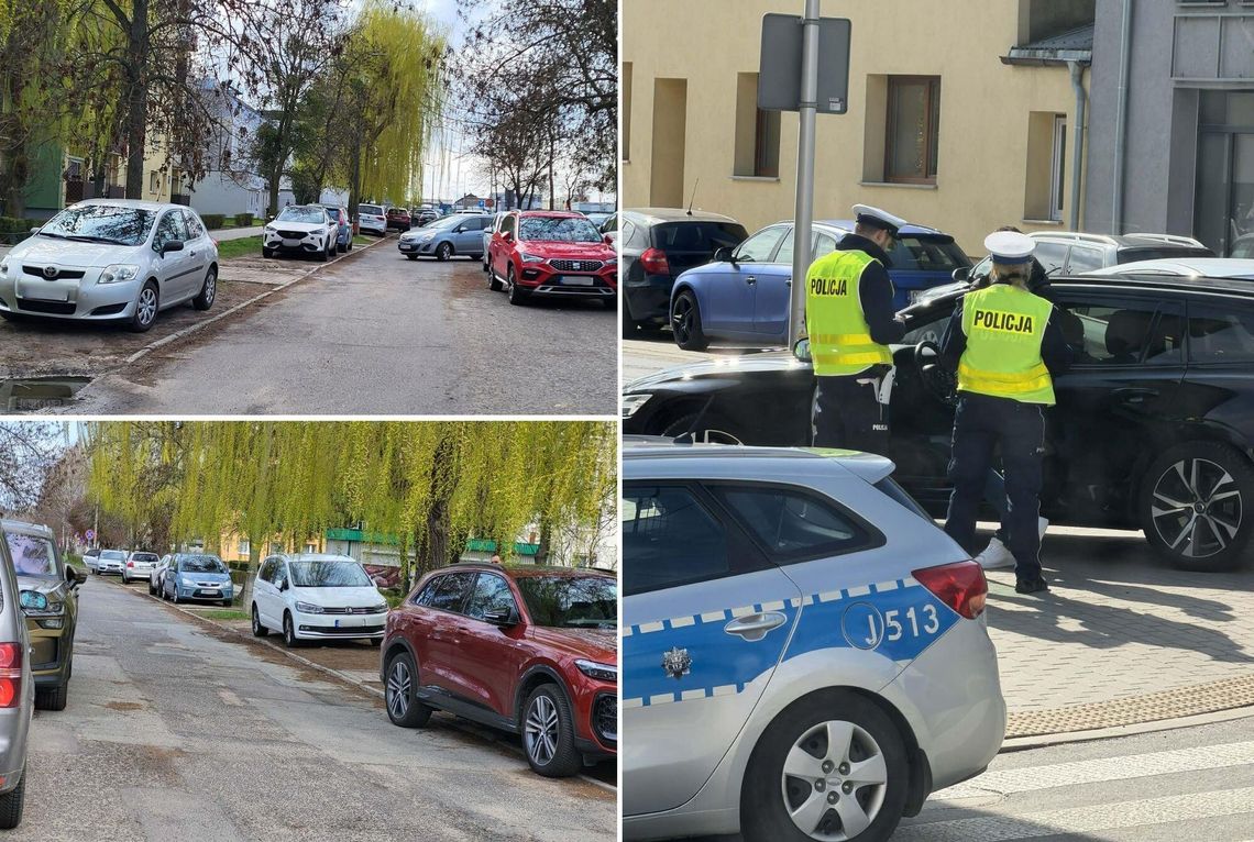 Policja kontrolująca parkowanie samochodów na osiedlu XXX-lecia w Otmęcie w Krapkowicach w pobliżu szpitala