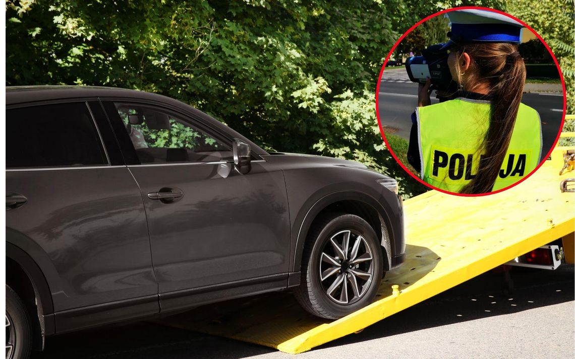 na zdjęciu holowany samochód konfiskata auta promile i policjantka celuje radarem.jpg