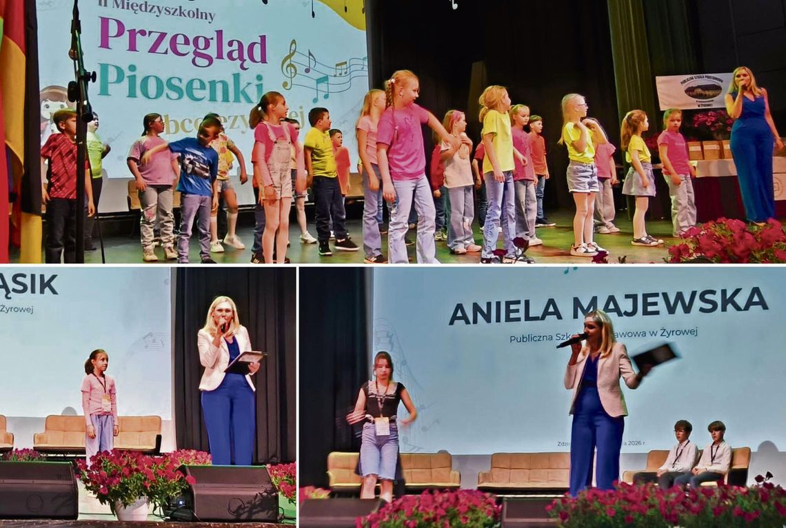 Muzyka i języki obce na jednej scenie! Żyrowa zorganizowała II Międzyszkolny Przegląd Piosenki Obcojęzycznej Uczniowie występujący na scenie podczas Międzyszkolnego Przeglądu Piosenki Obcojęzycznej w Żyrowej