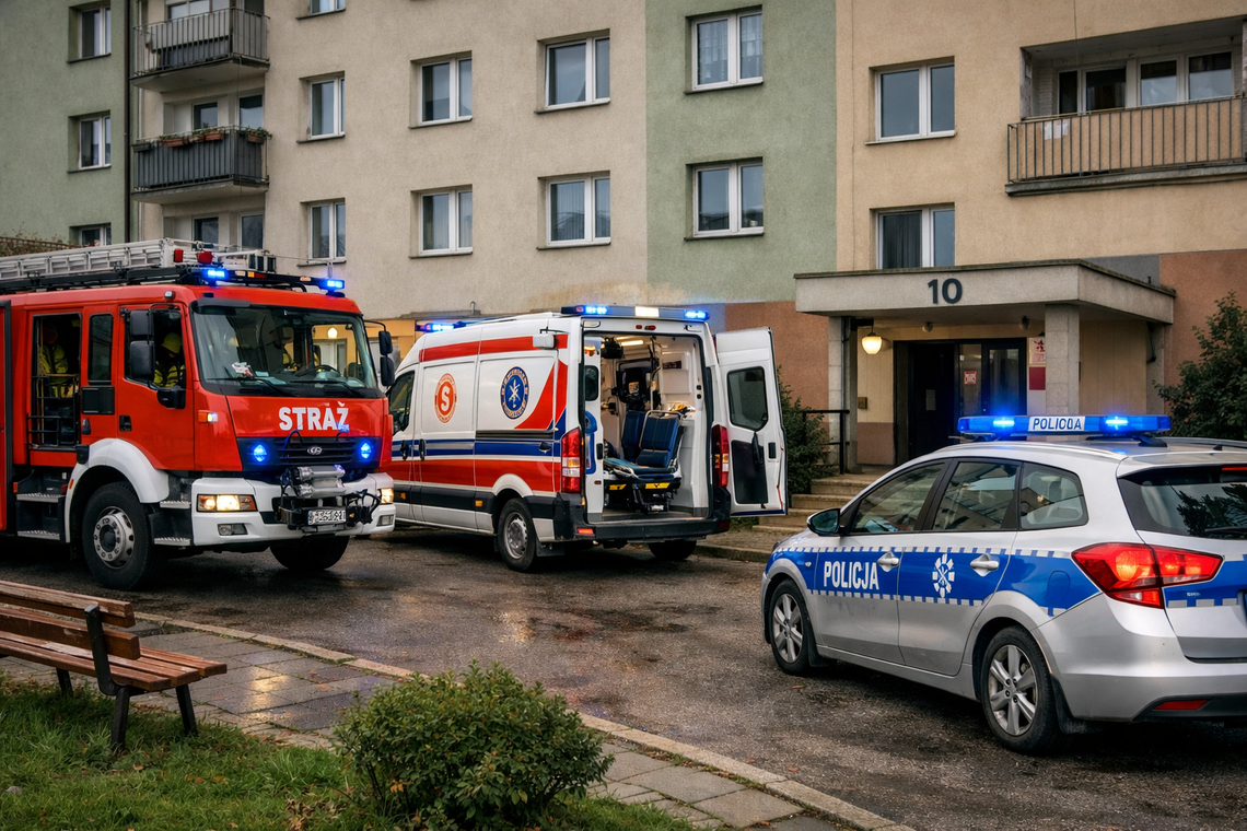 Radiowóz i strażacy przed blokiem przy ul. Nowej w Zdzieszowicach podczas interwencji.