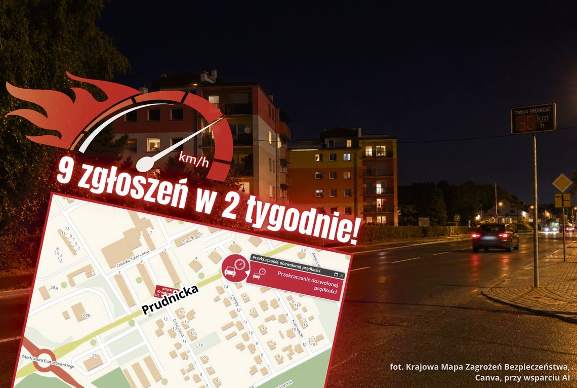 Nocny ruch samochodów na ul. Prudnickiej w Krapkowicach, gdzie mieszkańcy zgłaszają nadmierną prędkość i hałas pojazdów.