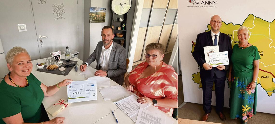 Nowoczesne wsie w Krainie św. Anny! Samorządy i NGO-sy otrzymały granty na strategie smart village Przedstawiciele samorządów i organizacji pozarządowych podpisujący umowy grantowe na koncepcje smart village w Krainie św. Anny.